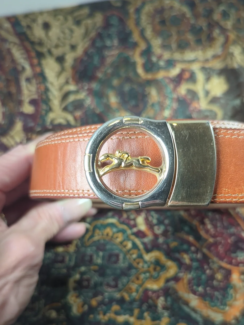 Vintage Longchamp Tan Leather Belt Silver & Gold Hardware Unisex